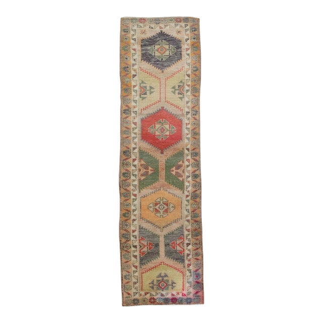 1960s Multicolor Geometric Design Handwoven Wool Vintage Turkish Runner 2'9" X 9'10" For Sale