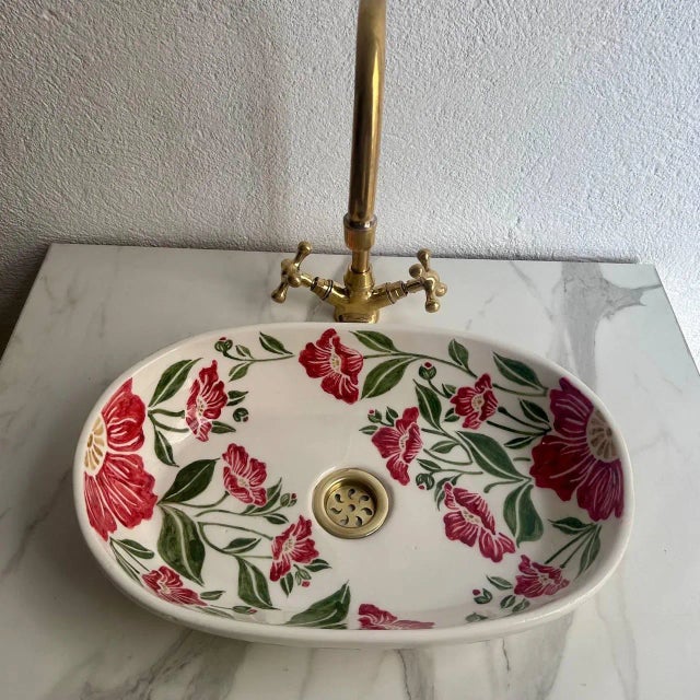 Not Yet Made - Made To Order Red Flower Oval Vessel Sink, Hand-Painted Moroccan Ceramic Bathroom Basin For Sale - Image 5 of 9