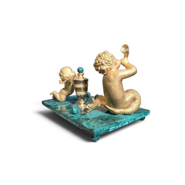 19th Century Italian Malachite and Ormolu Inkwell with Cupid and Mermaid, Mythol, 1890 For Sale - Image 9 of 11