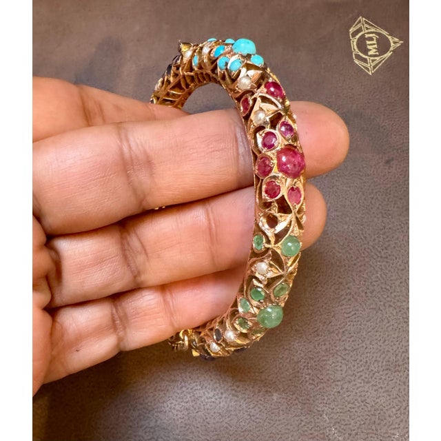 Natural Turquoise Emerald Ruby Sapphire pearl Bangle in 14 Kt Yellow Gold 41 Gm For Sale - Image 18 of 18