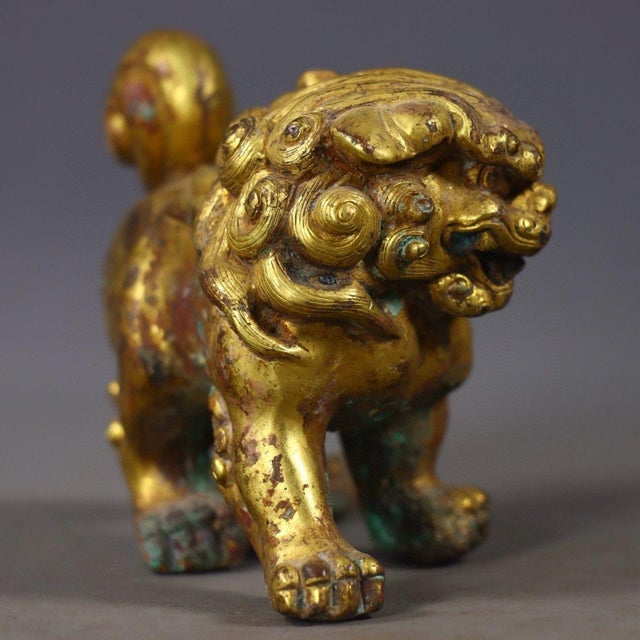 Traditional Antique Gilt Bronze Guardian Lion – 3.1" Foo Dog Statue With Verdigris Patina For Sale - Image 3 of 9