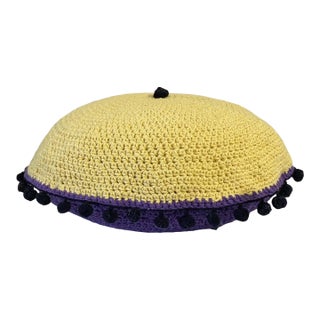 Handmade Round Purple and Yellow Crochet Pillow With Tassels For Sale
