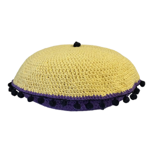 Handmade Round Purple and Yellow Crochet Pillow With Tassels
