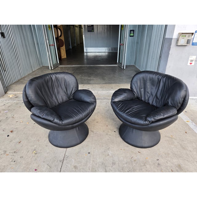 1970's Jaymar attributed Black Leather Pod Lounge Chairs sold as found in very good condition previously owned showing...