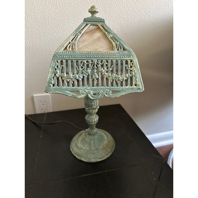 Metal Salem Brothers Art Nouveau Lamp With Slag Glass Shade, Circa 1920s For Sale - Image 7 of 9