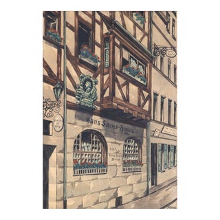 Hans Sachs House in Nuremberg Germany Original Vintage Watercolor on Paper For Sale