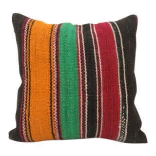 Handmade Orange, Green and Red Striped Turkish Kilim Pillow Cover For Sale