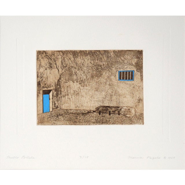 "Pueblo Portals" - Intaglio Print in Ink on Archival paper, #3/15 Tan interior intaglio print with blue accents by Marcia...