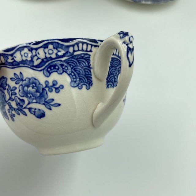 Chinoiserie Vintage Crown Ducal Bristol Blue Transferware Teacups & Saucers – Set of 6 | English Chinoiserie China - 12 pcs For Sale - Image 3 of 12