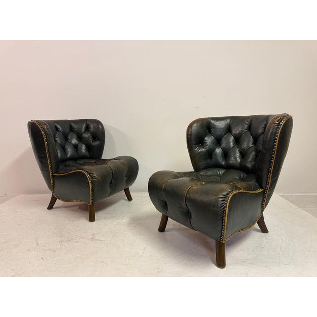 1940s Danish Lounge Slipper Chairs in Green Patinated Leather, 1940s, Set of 2 For Sale - Image 5 of 18