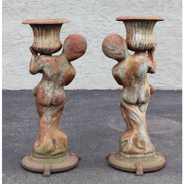 Antique Pair of Cast Iron Garden Statue Planters with Cherubs Holding