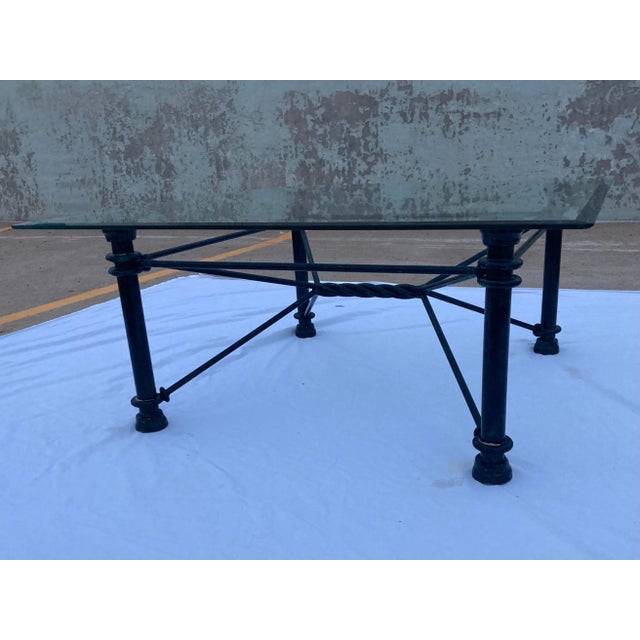 1980s Mid-Century Modern Square Wrought Iron Base Beveled Glass Top Coffee Table For Sale In Denver - Image 6 of 13