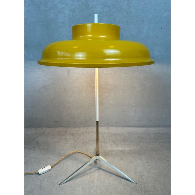 Large vintage table lamp on a brass tripod, presumably Italian. 1950s. Beautiful brass details in the slender yet sturdy...
