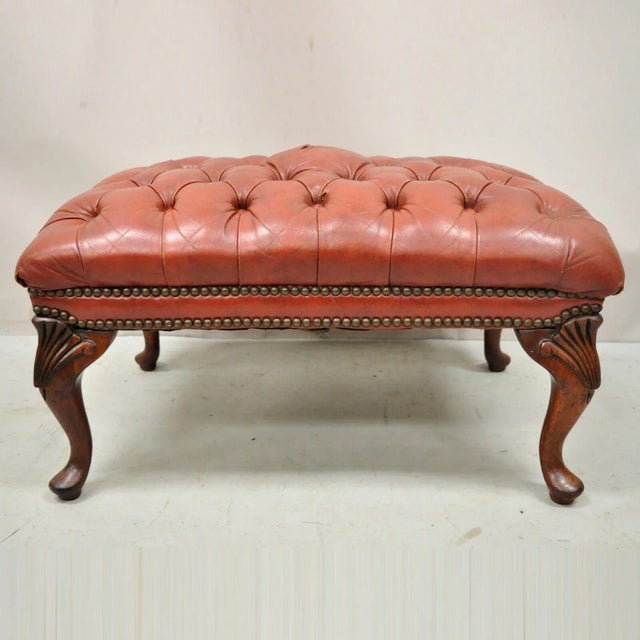 Vtg Brown Leather English Chesterfield Queen Anne Style Tufted Ottoman Footstool For Sale - Image 10 of 11