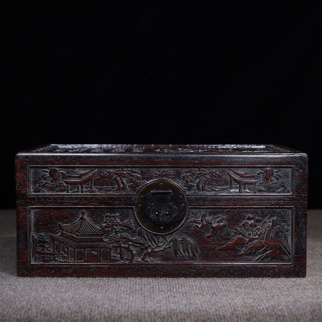 Chinese Rosewood Carved Scholar's Box With Landscape & Poetry For Sale - Image 9 of 10