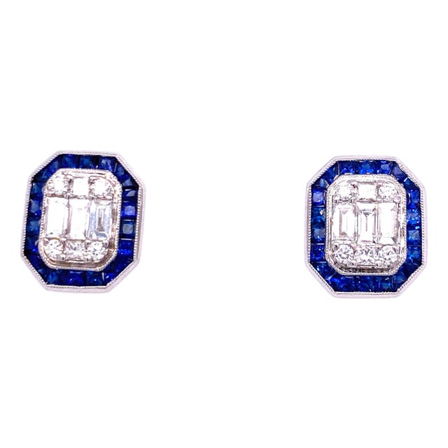Art Deco Diamond and Blue Sapphire Halo Stud Earrings in 18k White Gold, A Pair For Sale