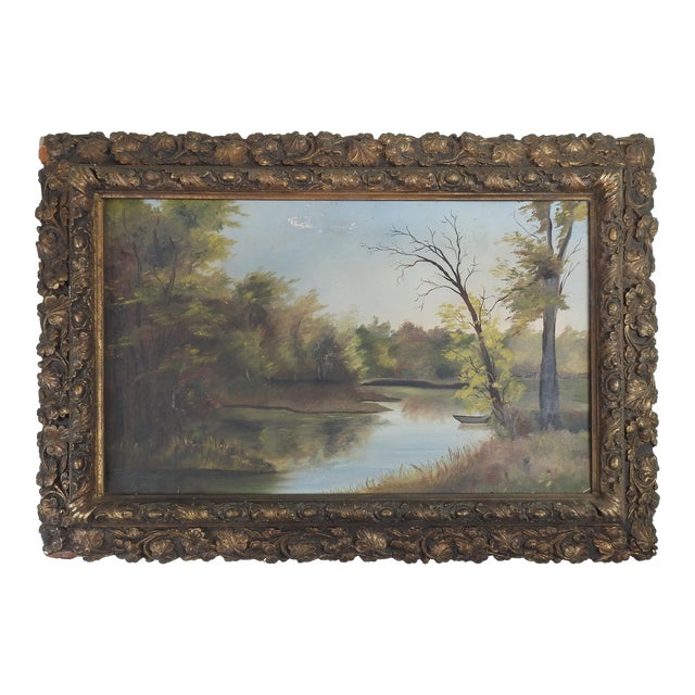 Antique Ornate Picture Frame With Folk Art Landscape Painting For Sale