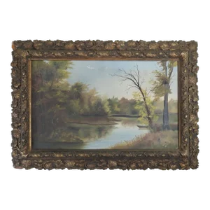 Antique Ornate Picture Frame With Folk Art Landscape Painting
