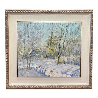 Georgij Moroz, Snowy Landscape Landscape and House Immersed in the Snow, 1990s, Oil on Canvas For Sale