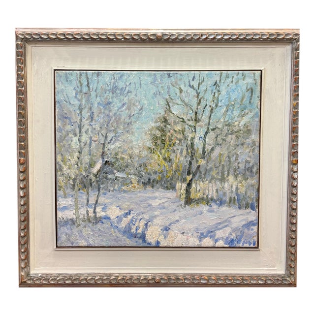 Georgij Moroz, Snowy Landscape Landscape and House Immersed in the Snow, 1990s, Oil on Canvas For Sale