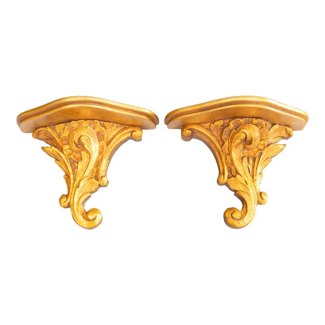 Mid 20th Century Italian Giltwood & Gesso Wall Brackets Shelves - a Pair For Sale