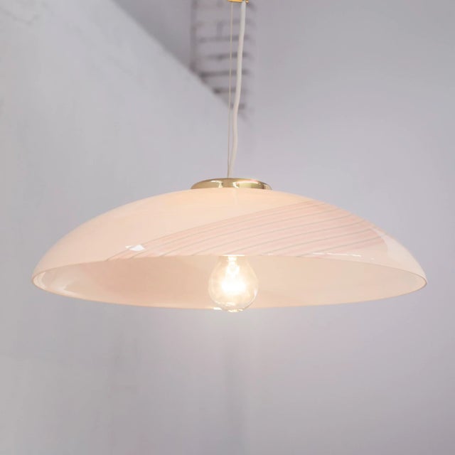 White Murano Glass Ceiling Lamp with Pink Filigree Spiral For Sale - Image 3 of 12