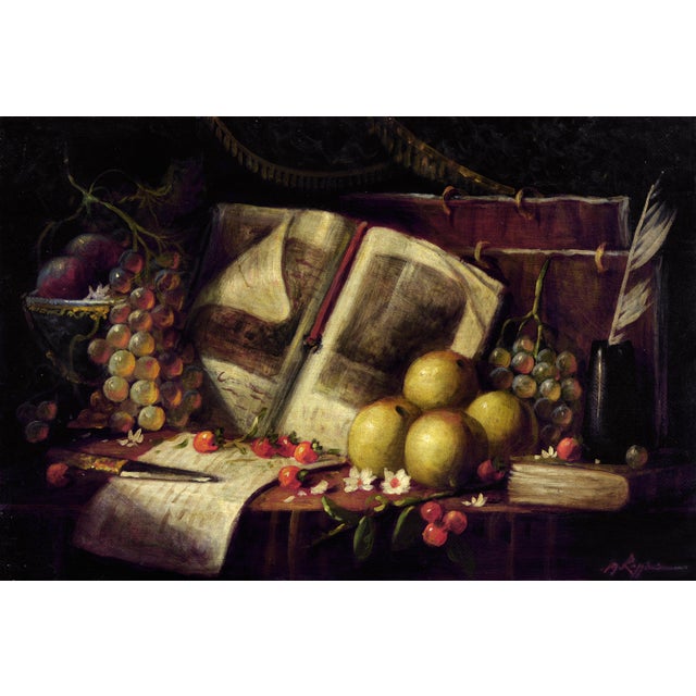 Massimo Reggiani, Still Life with Fruit, Book and Quill, 1990s, Oil Painting on Canvas, Framed For Sale - Image 3 of 7