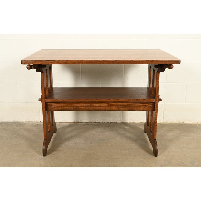 Stickley Style Antique Mission Oak Arts & Crafts Metamorphic Library Table Monk's Chair | Newly Refinished For Sale - Image 12 of 15