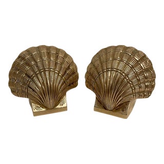 Pair Mid 20th Century Brass Clam or Scallop Shell Seashell Bookends For Sale