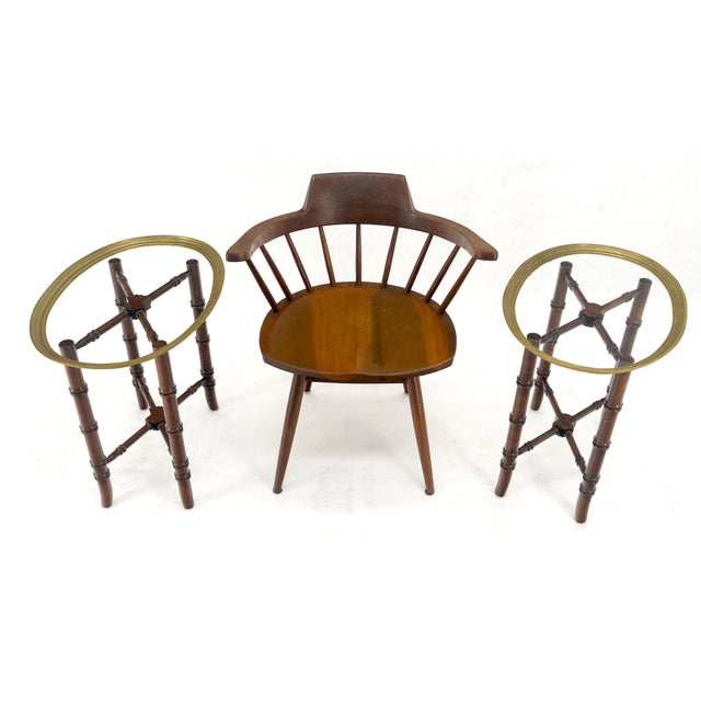Pair Oval Brass Gallery Glass Top Faux Bamboo Bases End Side Tables Stands MINT