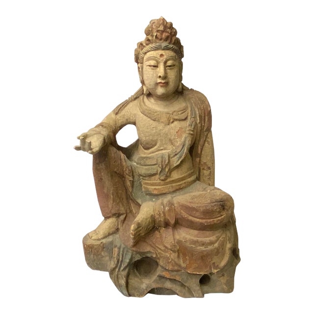 Chinese Rustic Wood Sitting Guan Yin Kwan Yin Bodhisattva Statue For Sale