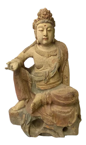 Chinese Rustic Wood Sitting Guan Yin Kwan Yin Bodhisattva Statue