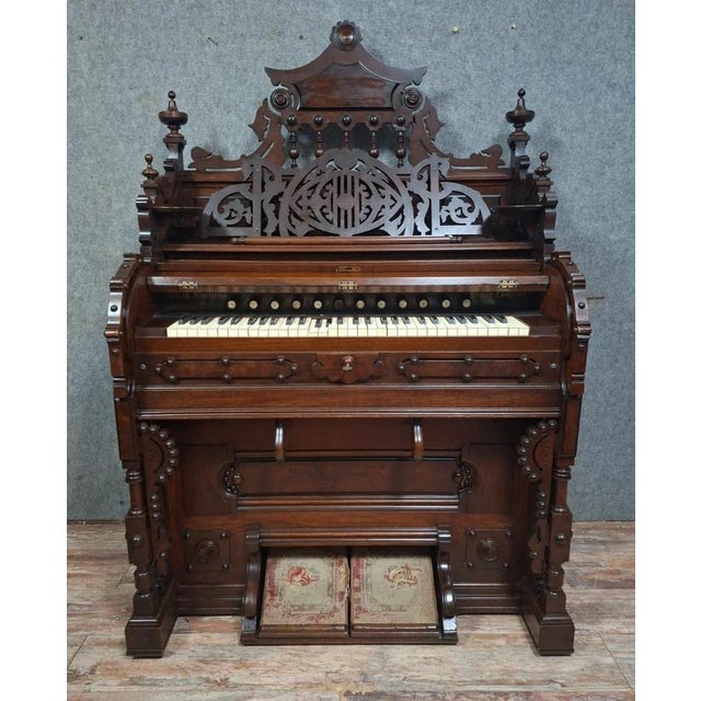 Neo-Gothic Art Harmonium in Carved Walnut For Sale - Image 4 of 12