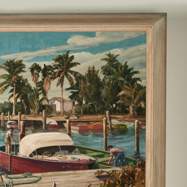 Vintage Painting of a Tropical Boat Dock For Sale - Image 4 of 9