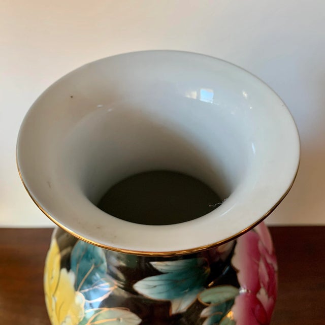 Black Late 20th Century Vintage Chinese Porcelain Black Floral Vase For Sale - Image 8 of 10