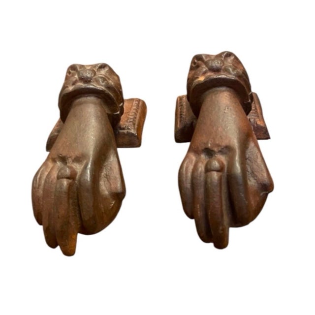 1990s Pair of Vintage Victorian-Style Cast Iron Hand Door Knockers For Sale - Image 5 of 12