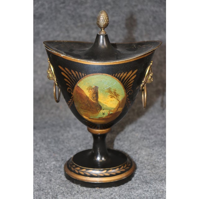 Pair English Style Tole Painted Metal Small Brass Mounted Urns For Sale In Philadelphia - Image 6 of 13