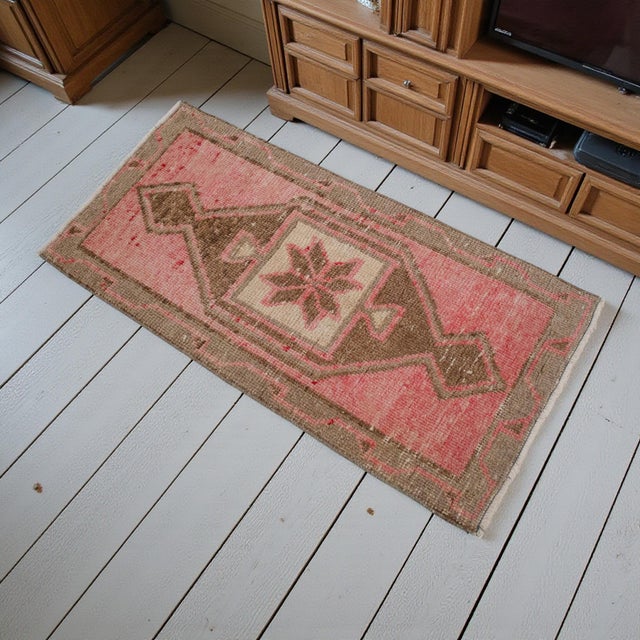 Vintage Turkish hand-knotted small rug from Antep, 1970, featuring warm dusty-rose tones and authentic village...