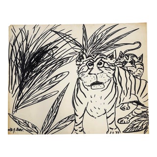 Large Mid 20th Century Vintage Expressionistic Primitive Folk Jungle Drawing in Black Marker on Paper by American Artist Victor Gatto For Sale