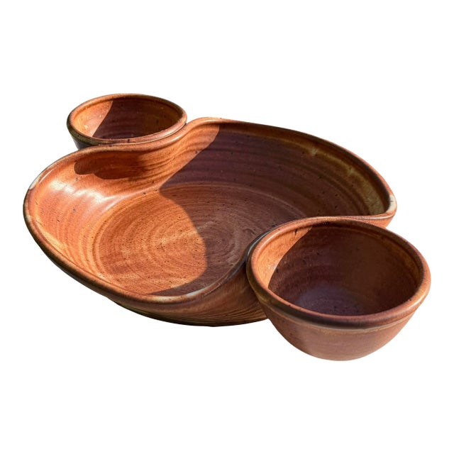 Signed Studio Pottery Chip & Dip Serving Platter For Sale