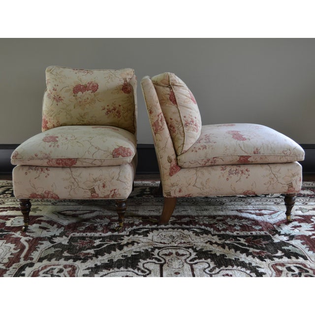 George Smith Upholstered Slipper Chairs on Turned Legs W/Casters - A Pair For Sale - Image 4 of 8