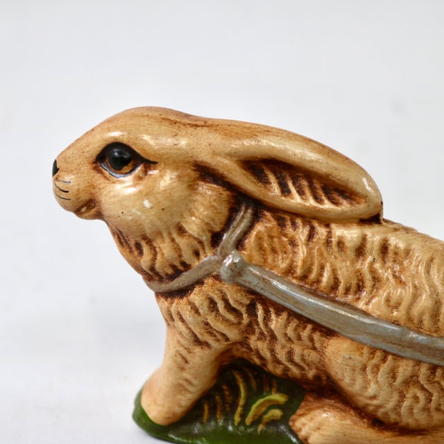 Brown Vintage Wesson Folk Art Chalkware Bunny Rabbits Pushing Cart of Eggs Figurines-a Pair For Sale - Image 8 of 16