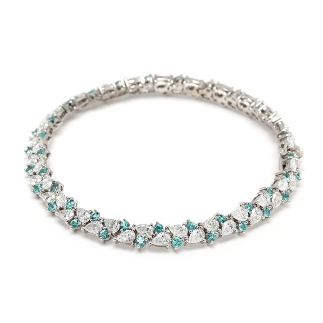 Modern 7.94ctw Blue Zircon & Diamond Tennis Bracelet, 18k White Gold, Length 7.25 In. For Sale - Image 3 of 6