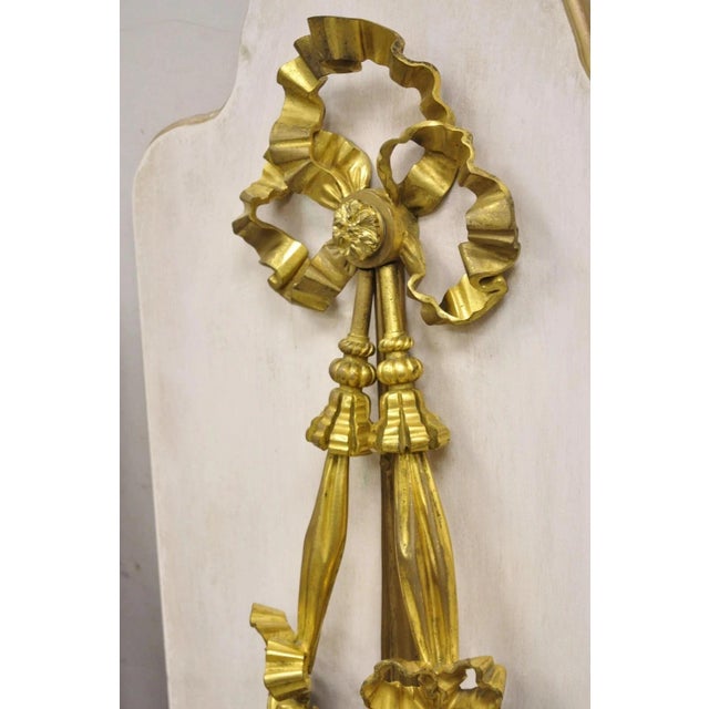 French Louis XV Gold Gilt Bronze Ribbon Drape Large Wall Plaque Sconces - A Pair For Sale - Image 9 of 16