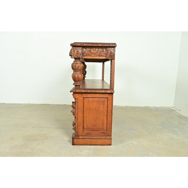 R. J. Horner Style Renaissance Revival Carved Oak Sideboard or Bar Cabinet, Circa 1890s For Sale - Image 14 of 17