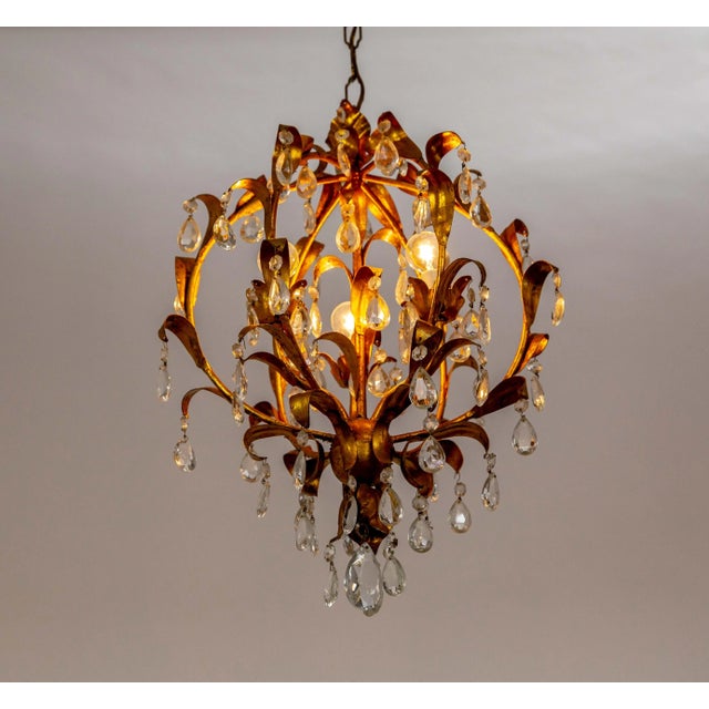 Mid Century Spherical Gilt Leaves & Crystal Chandelier For Sale - Image 10 of 12