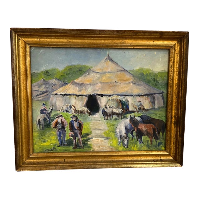 1960s Vintage Acrylic on Board Painting of Men With Horses and a Large Tent Could Be in Tibet For Sale
