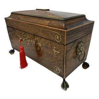 Antique Brass Inlaid Rosewood English Tea Caddy Box Regency Gillows Lancaster. For Sale