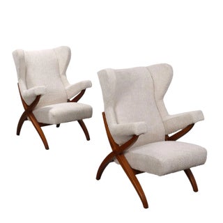 Set of Lounge Chairs in Beech and Fabric by Franco Albini For Sale