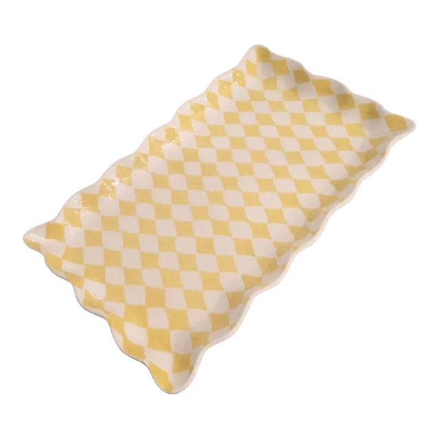Vintage Yellow White Ceramic Diamond Scalloped Edge Large Serving Platter For Sale